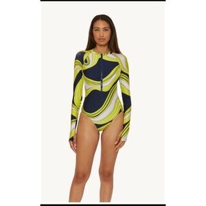 Trina Turk Long Sleeve Zip Up One Piece Swimsuit Rash Guard Geometric Print Navy